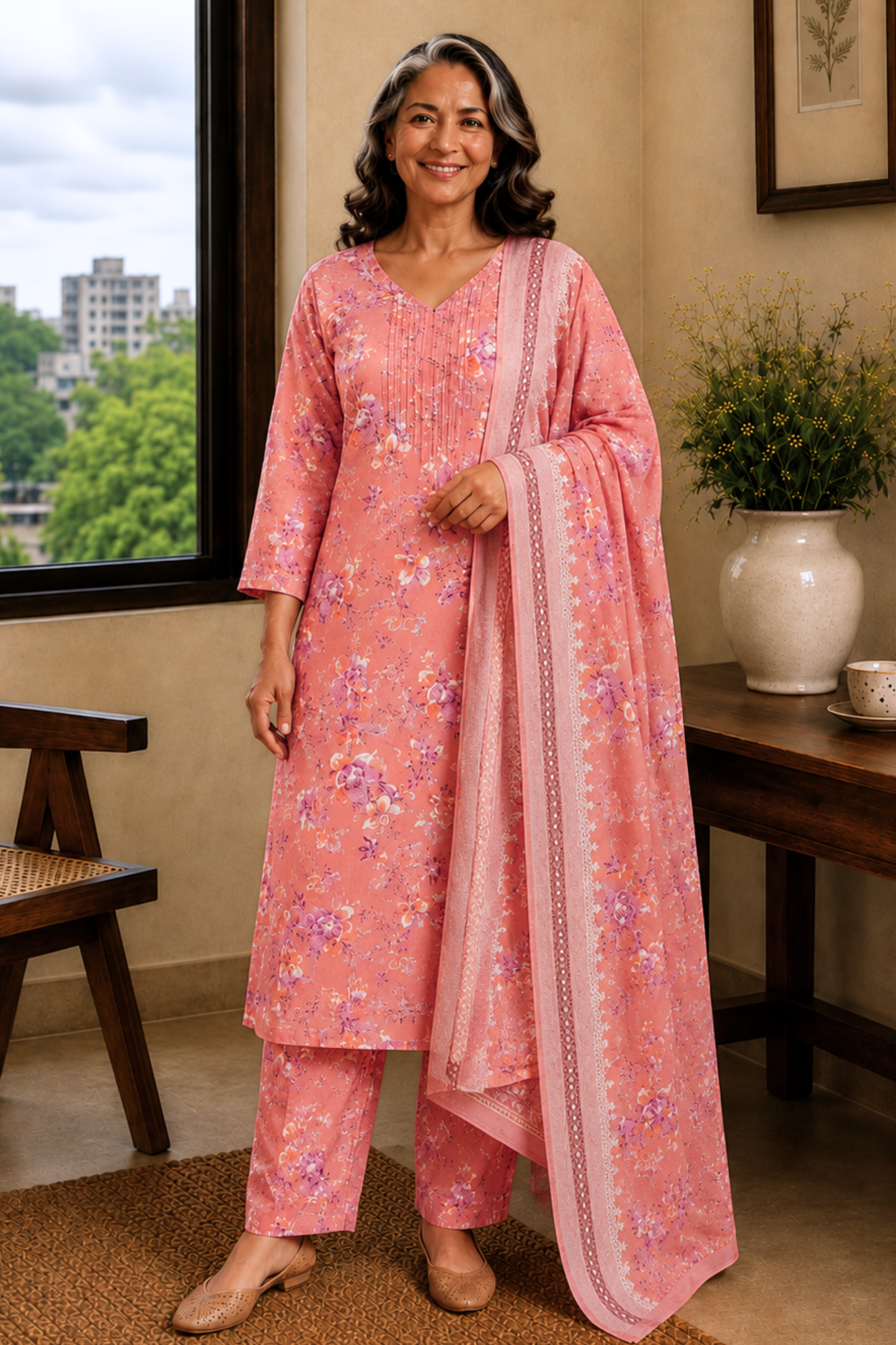 Rose Arbor Foiled Cotton Kurta With Pants