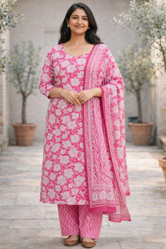 Rose Bloom Block Printed Cotton Suit Set