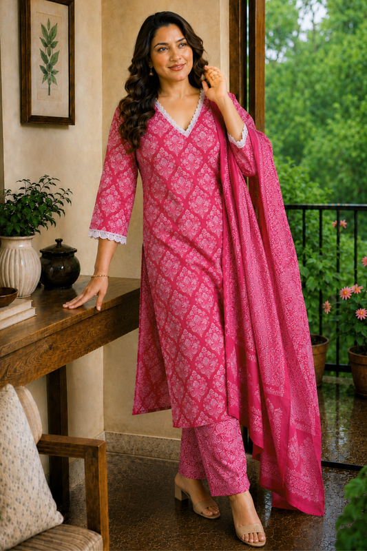 Rosé Bloom Printed Cotton Kurta Set