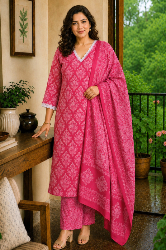 Rosé Bloom Printed Cotton Kurta Set