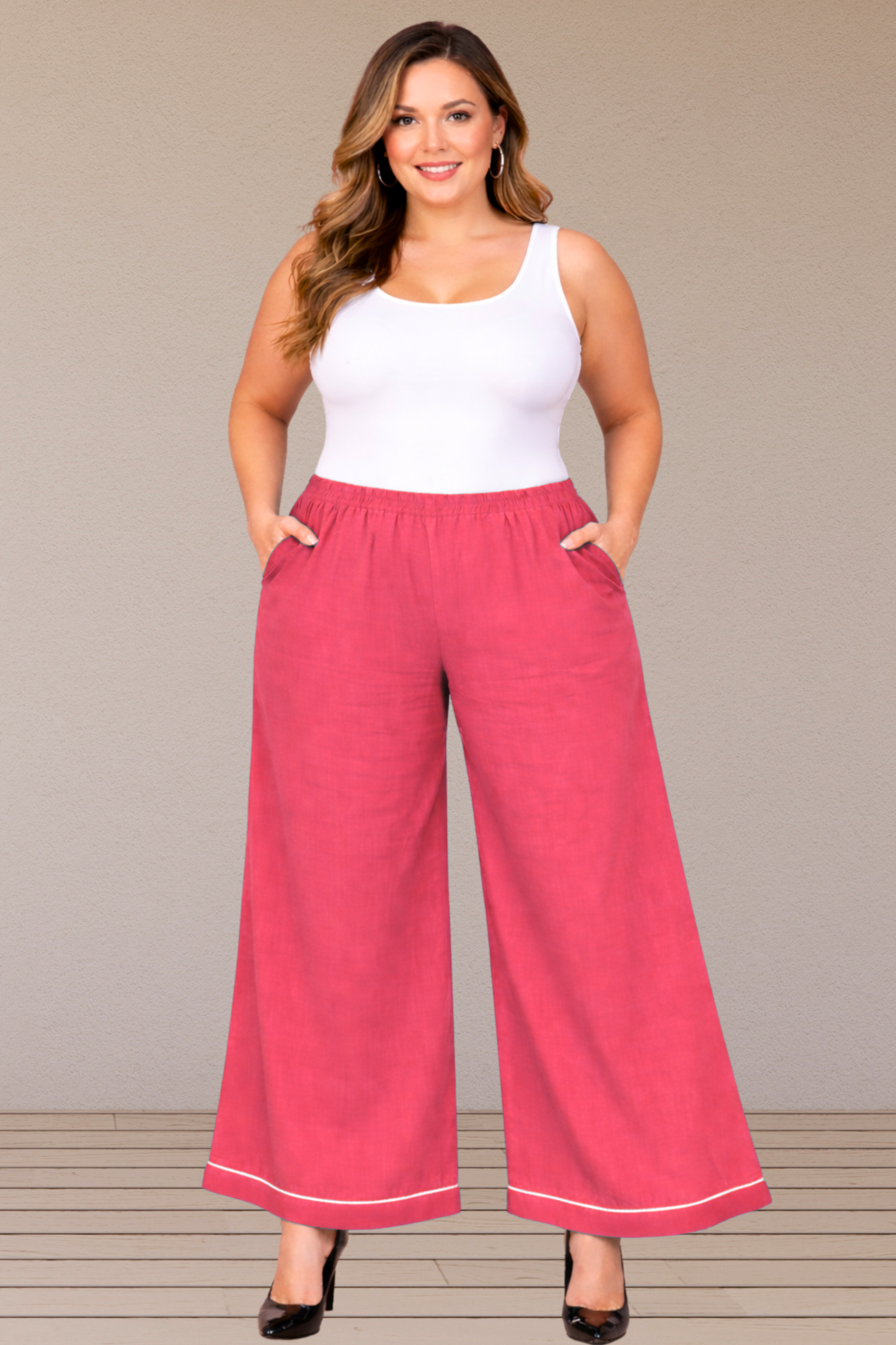 Rose Pink Detailed Hemline Rayon Palazzo