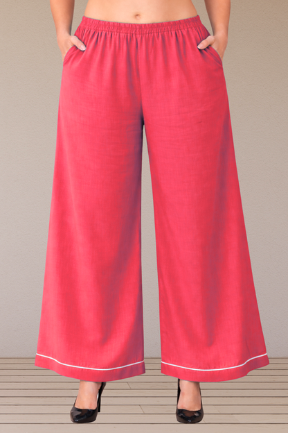 Rose Pink Detailed Hemline Rayon Palazzo