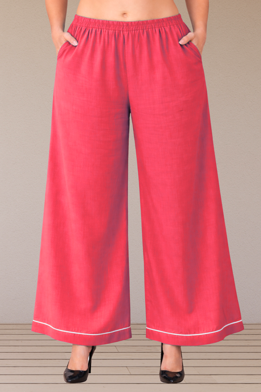 Rose Pink Detailed Hemline Rayon Palazzo
