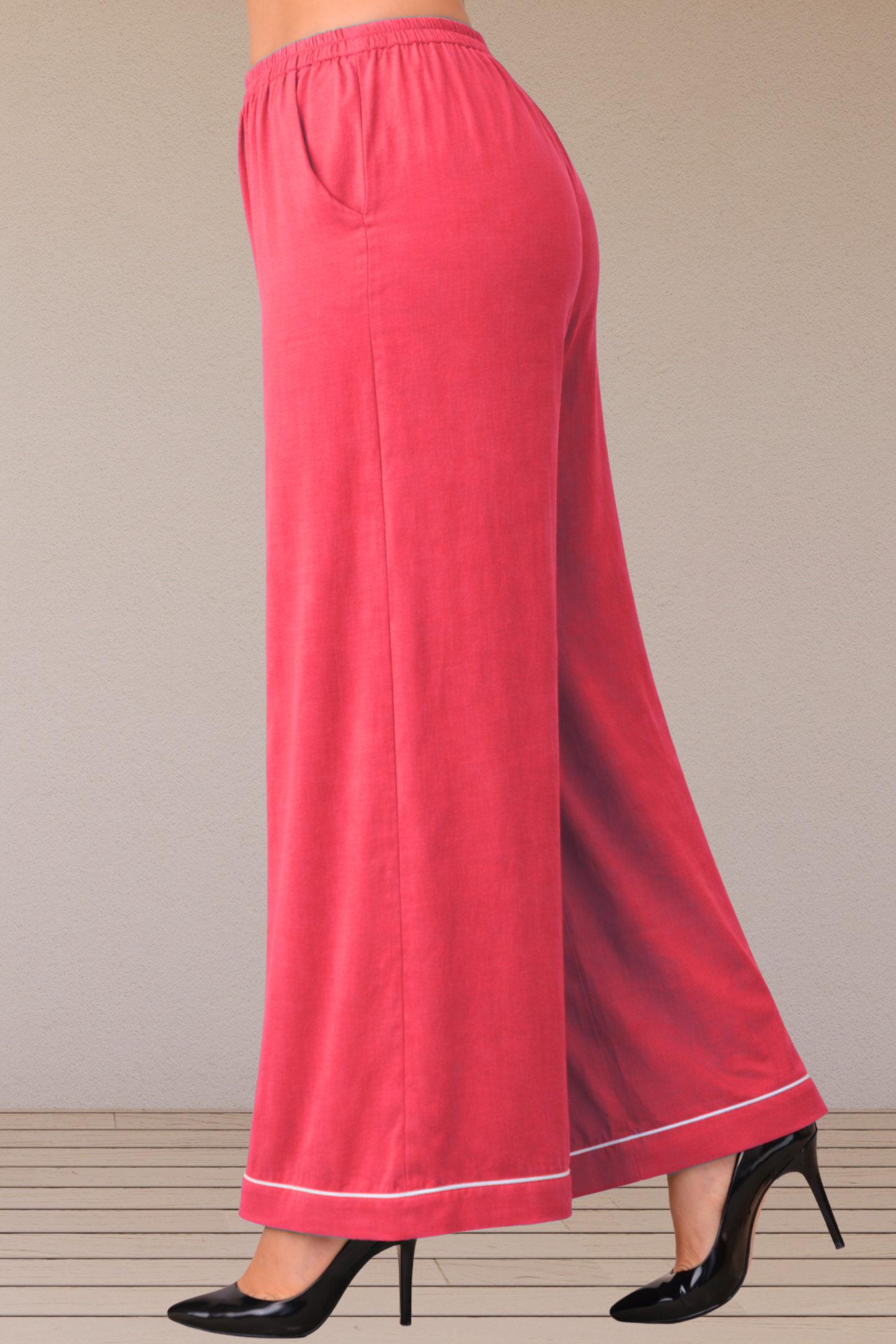 Rose Pink Detailed Hemline Rayon Palazzo