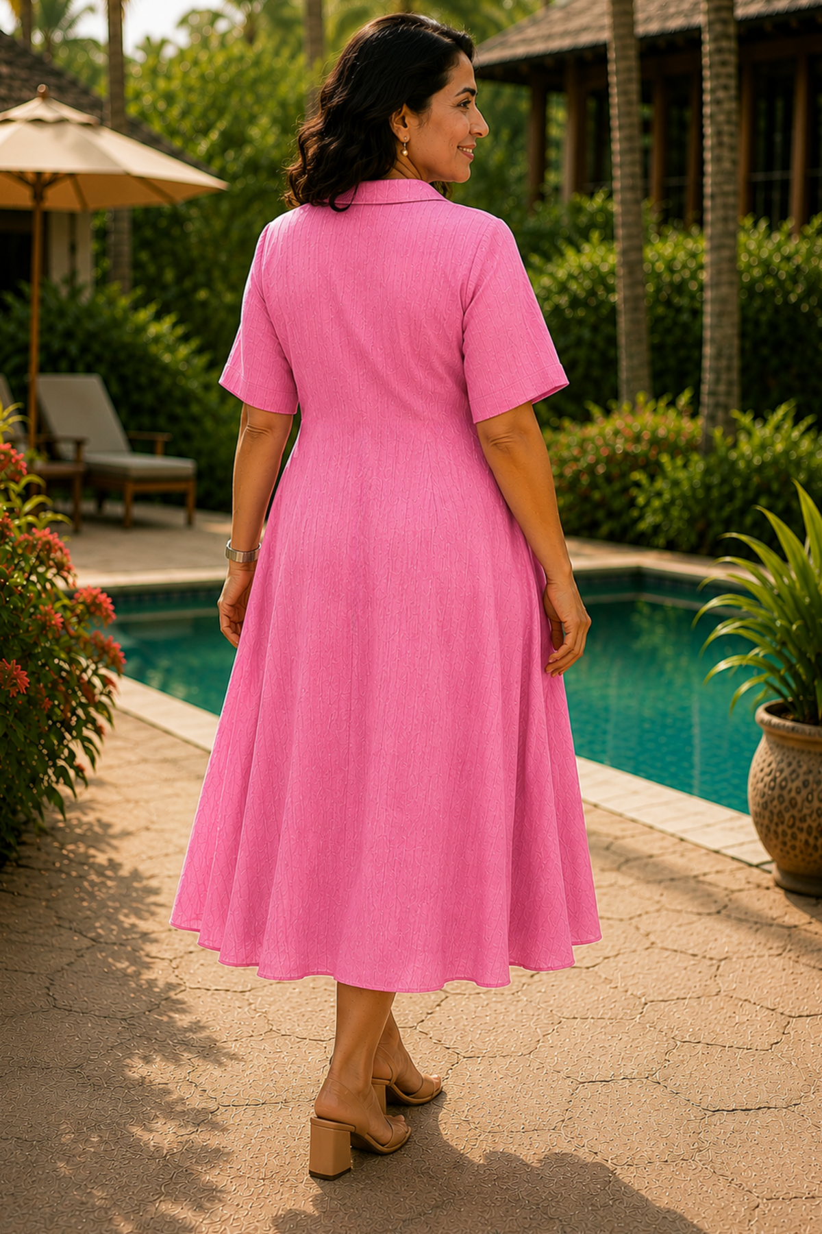 Pink Punch Textured Dress With Pockets