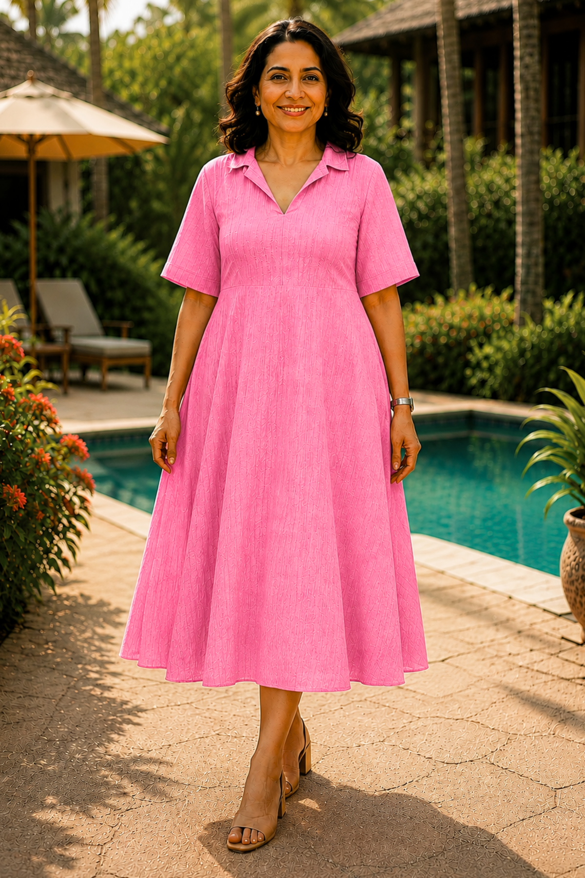 Pink Punch Textured Dress With Pockets