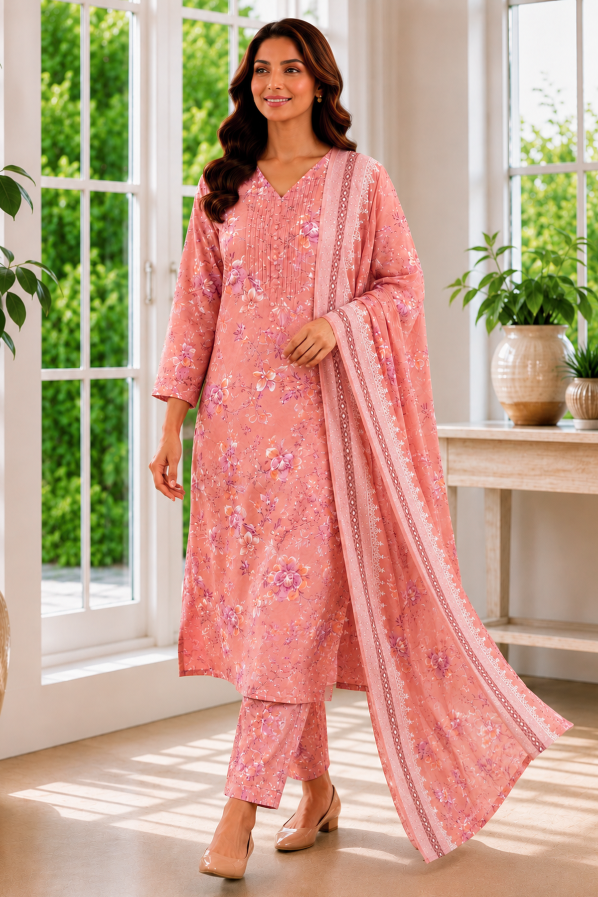 Rose Arbor Foiled Cotton Kurta With Pants