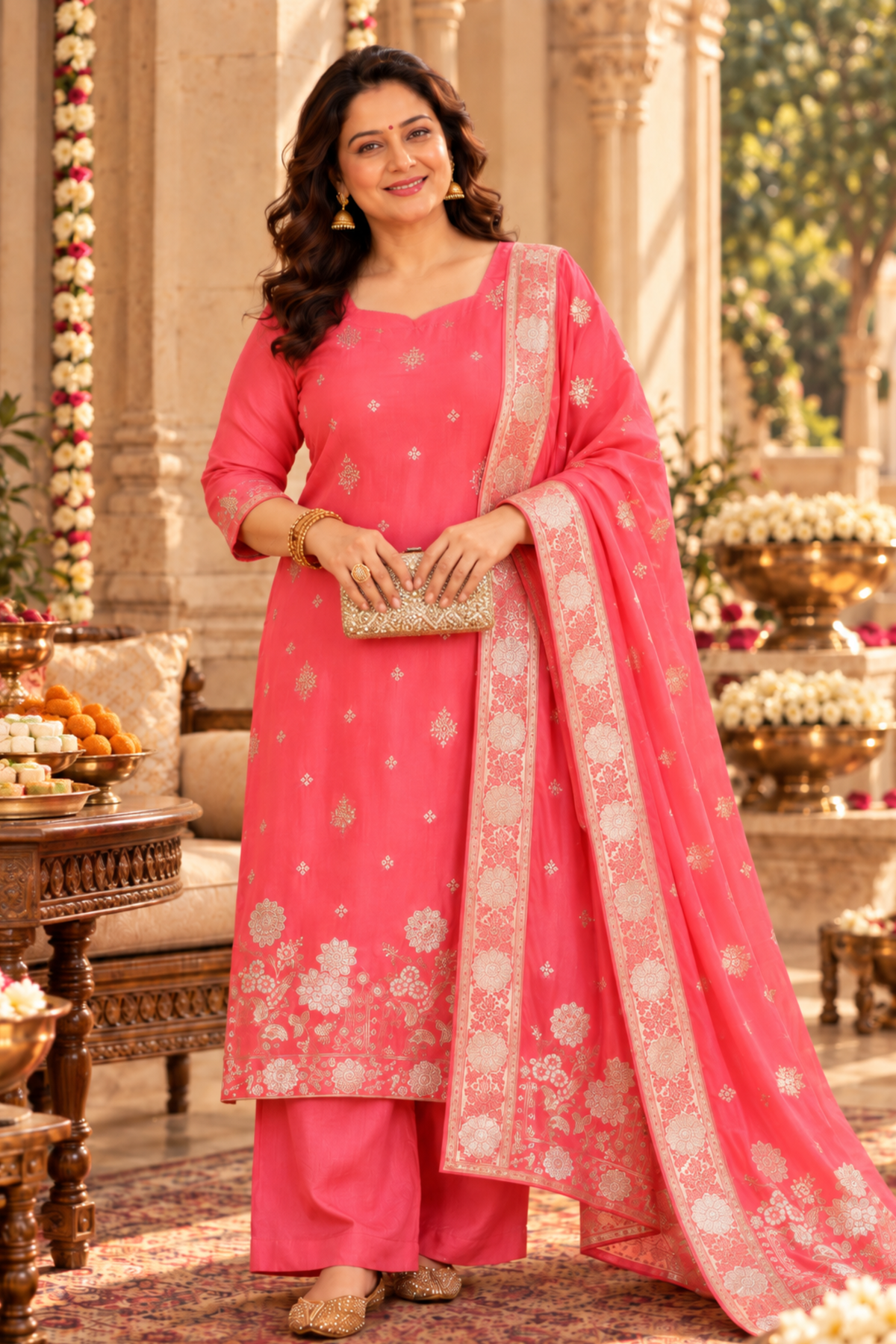 Rose Glow Jacquard Silk Suit