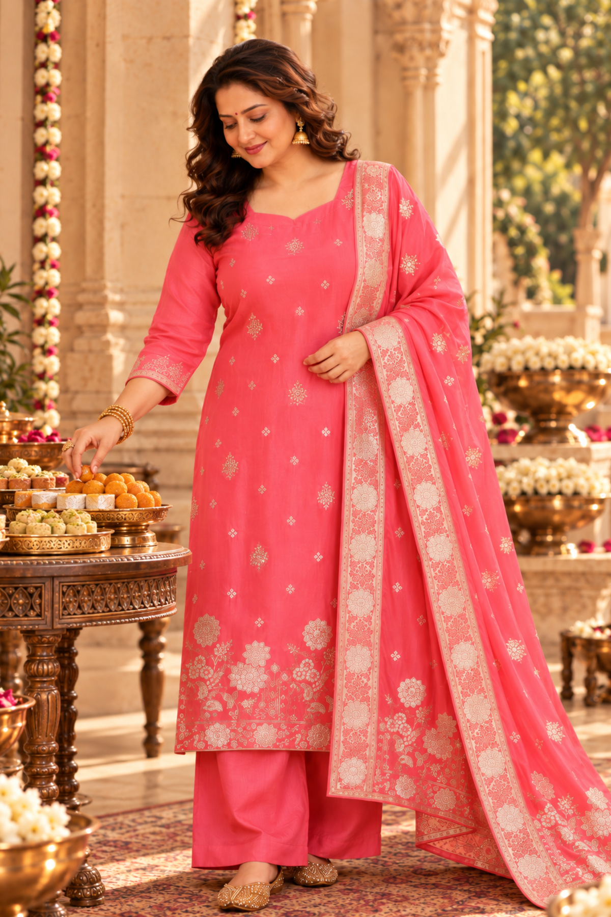 Rose Glow Jacquard Silk Suit