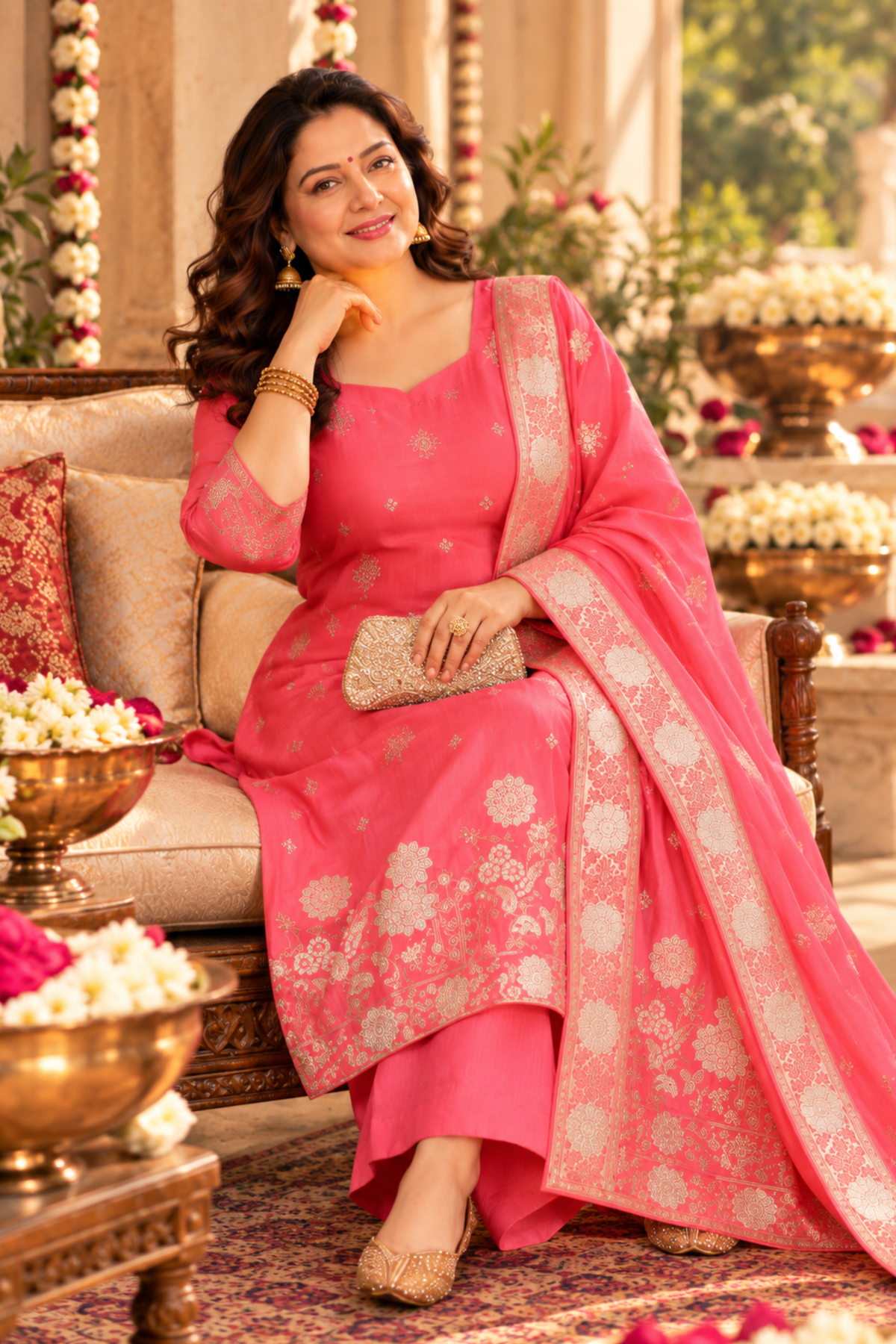 Rose Glow Jacquard Silk Suit