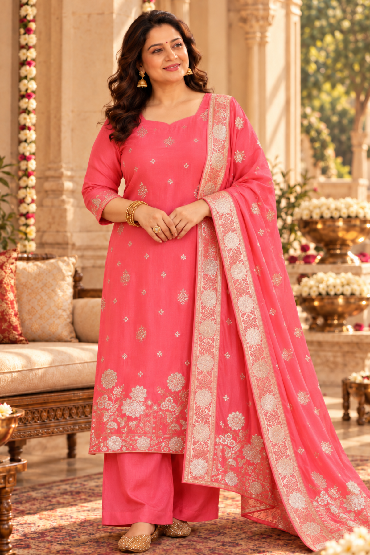 Rose Glow Jacquard Silk Suit