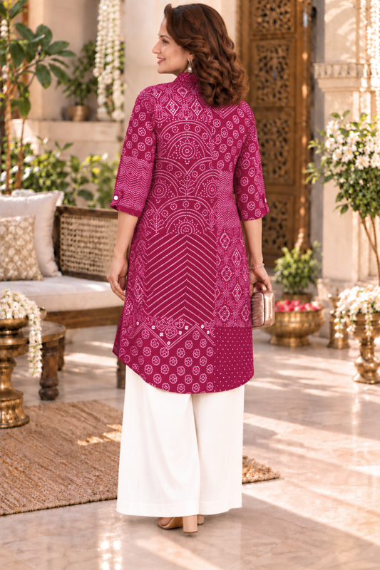 Fuchsia Bandhani Printed Kurta With Pockets