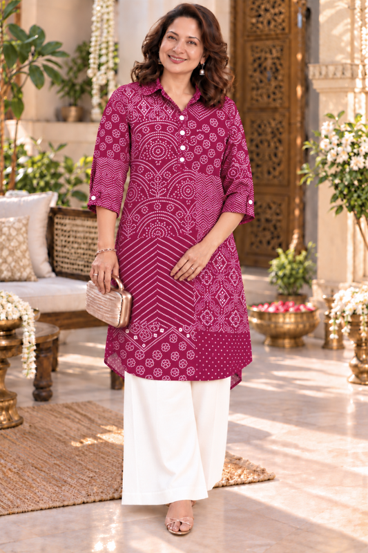 Fuchsia Bandhani Printed Kurta With Pockets
