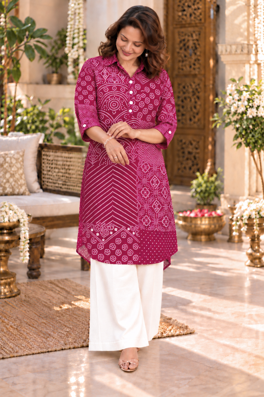 Fuchsia Bandhani Printed Kurta With Pockets