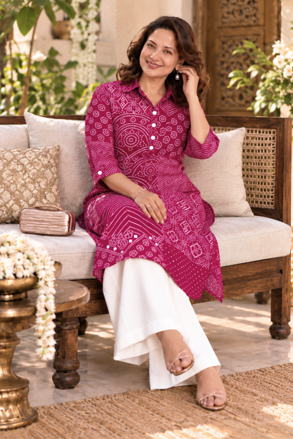 Fuchsia Bandhani Printed Kurta With Pockets