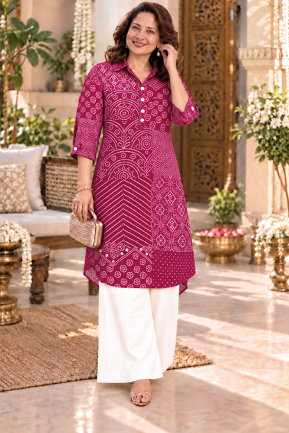 Fuchsia Bandhani Printed Kurta With Pockets