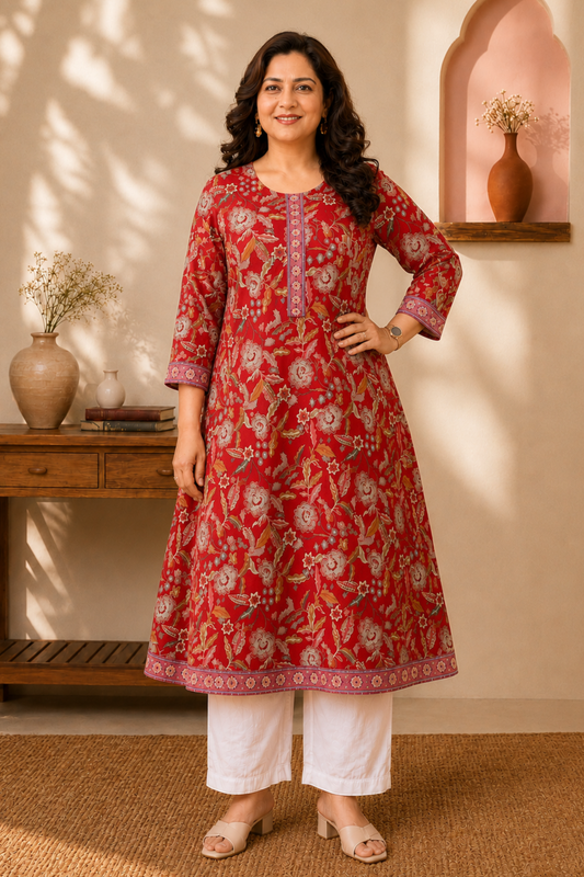 Rosewood Floral A-line Cotton Kurta