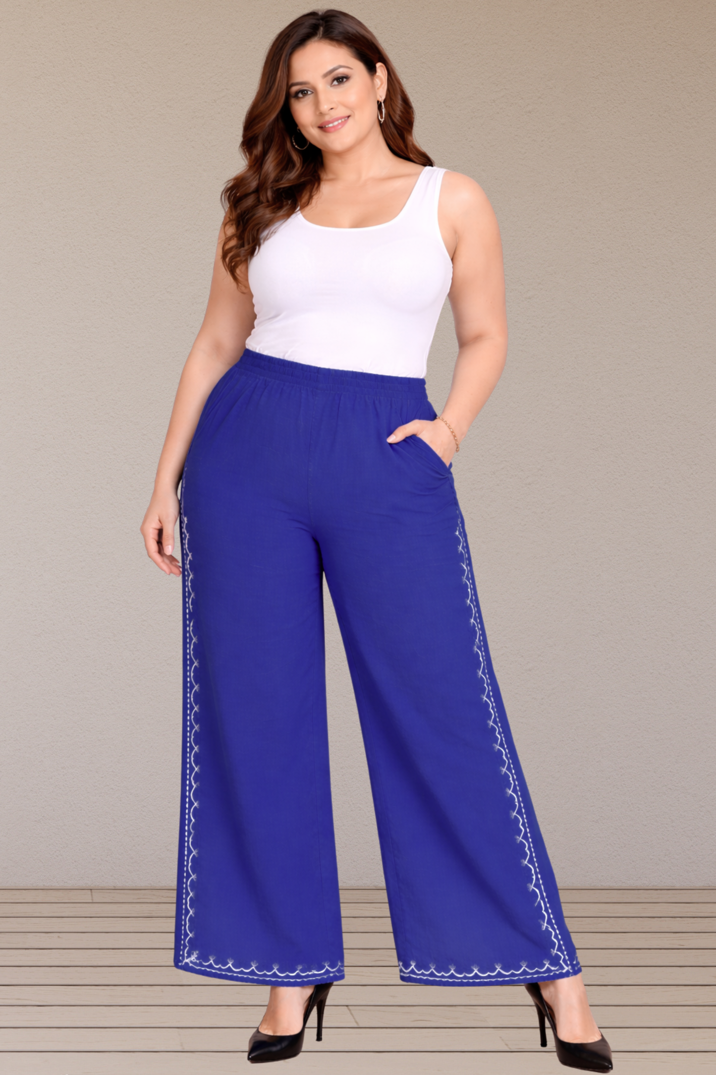 Royal Blue Embroidered Cotton Palazzo