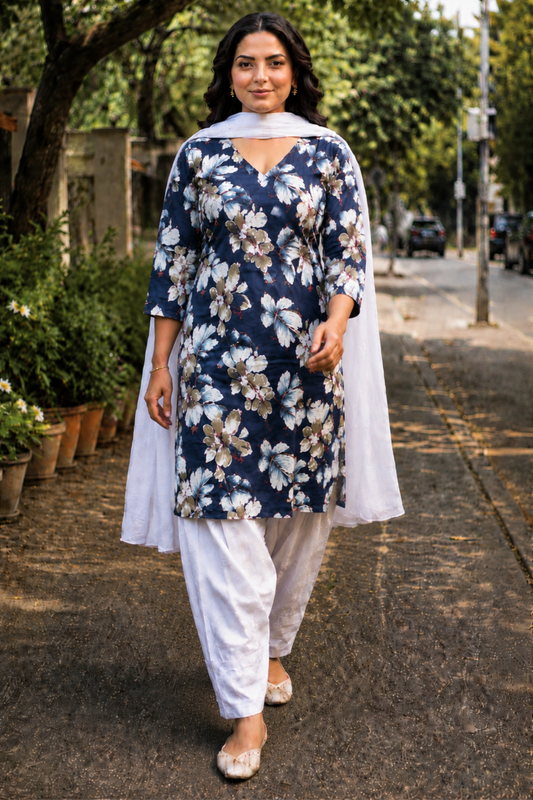 Indigo Foliage Cotton Farshi Suit