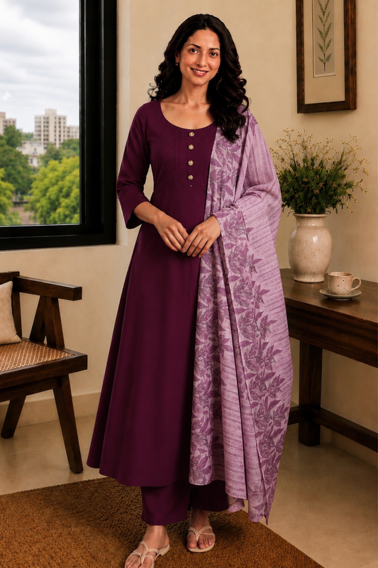 Berry Lilac Pintuck Anarkali Set