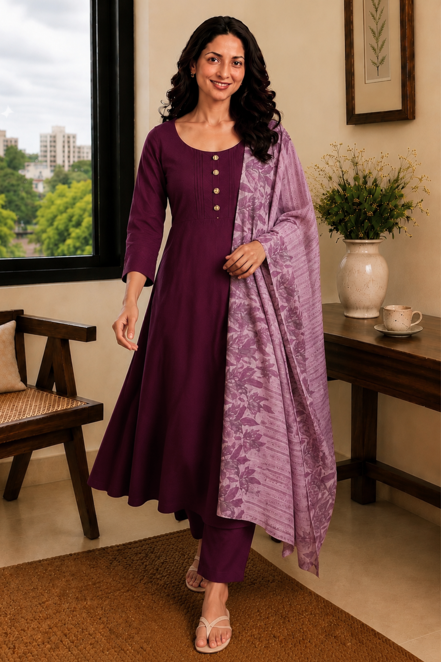 Berry Lilac Pintuck Anarkali Set