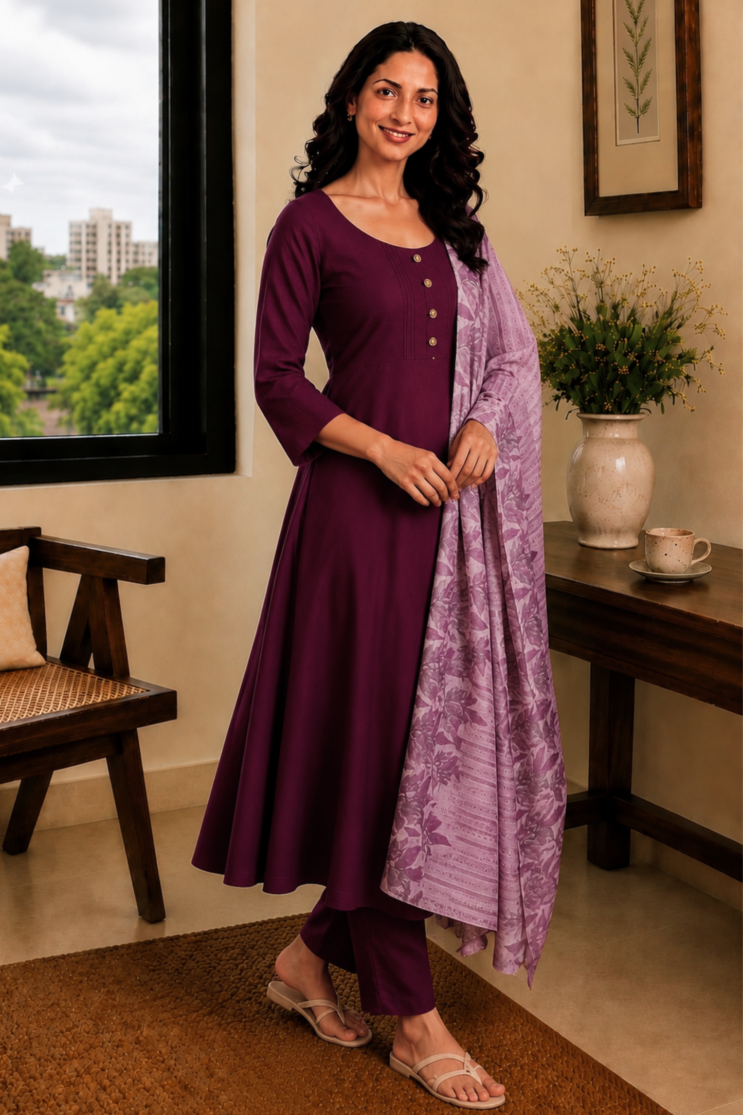 Berry Lilac Pintuck Anarkali Set