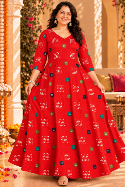 Ruby Bandhani Foiled Dress With Pockets