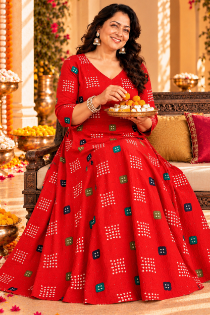 Ruby Bandhani Foiled Dress With Pockets