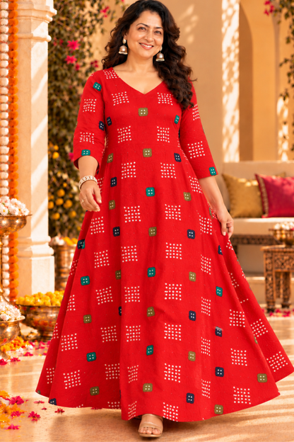 Ruby Bandhani Foiled Dress With Pockets