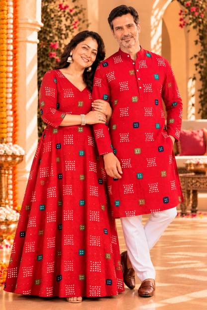 Ruby Bandhani Foiled Rayon Couple Outfit