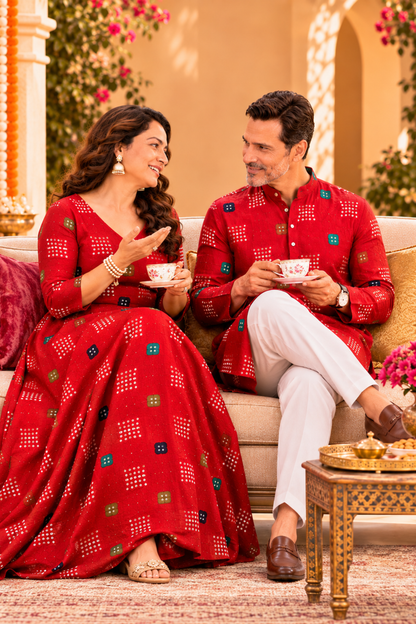 Ruby Bandhani Foiled Rayon Couple Outfit