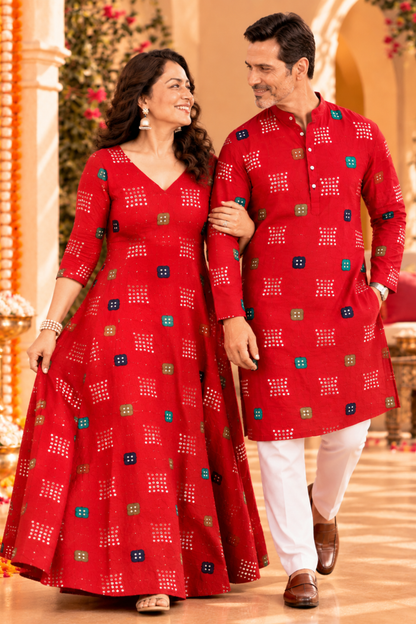 Ruby Bandhani Foiled Rayon Couple Outfit