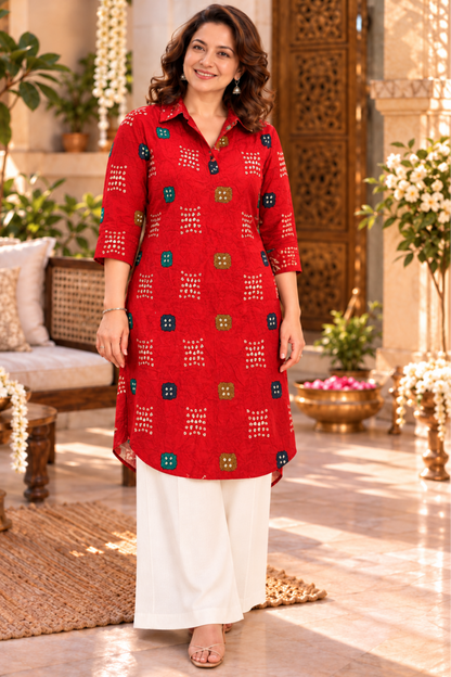 Ruby Bandhani Foiled Kurta With Pockets