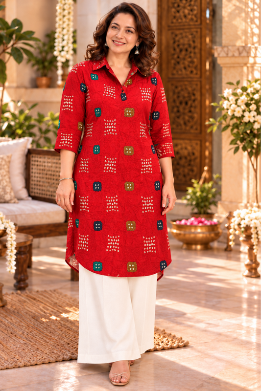 Ruby Bandhani Foiled Kurta With Pockets
