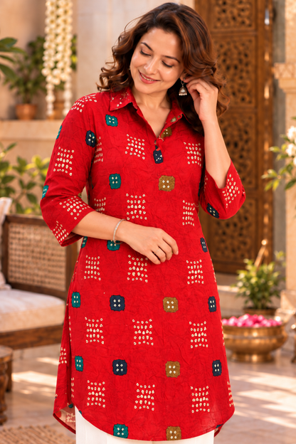 Ruby Bandhani Foiled Kurta With Pockets