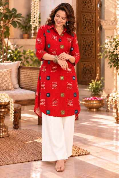Ruby Bandhani Foiled Kurta With Pockets