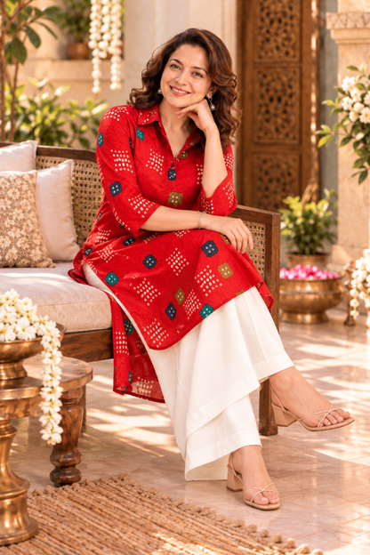 Ruby Bandhani Foiled Kurta With Pockets