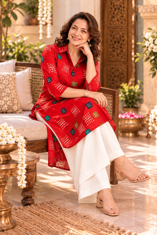 Ruby Bandhani Foiled Kurta With Pockets