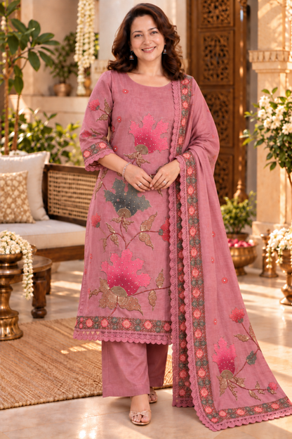Sahar Pink Shimmer Suit With Bead Highlights