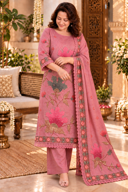 Sahar Pink Shimmer Suit With Bead Highlights