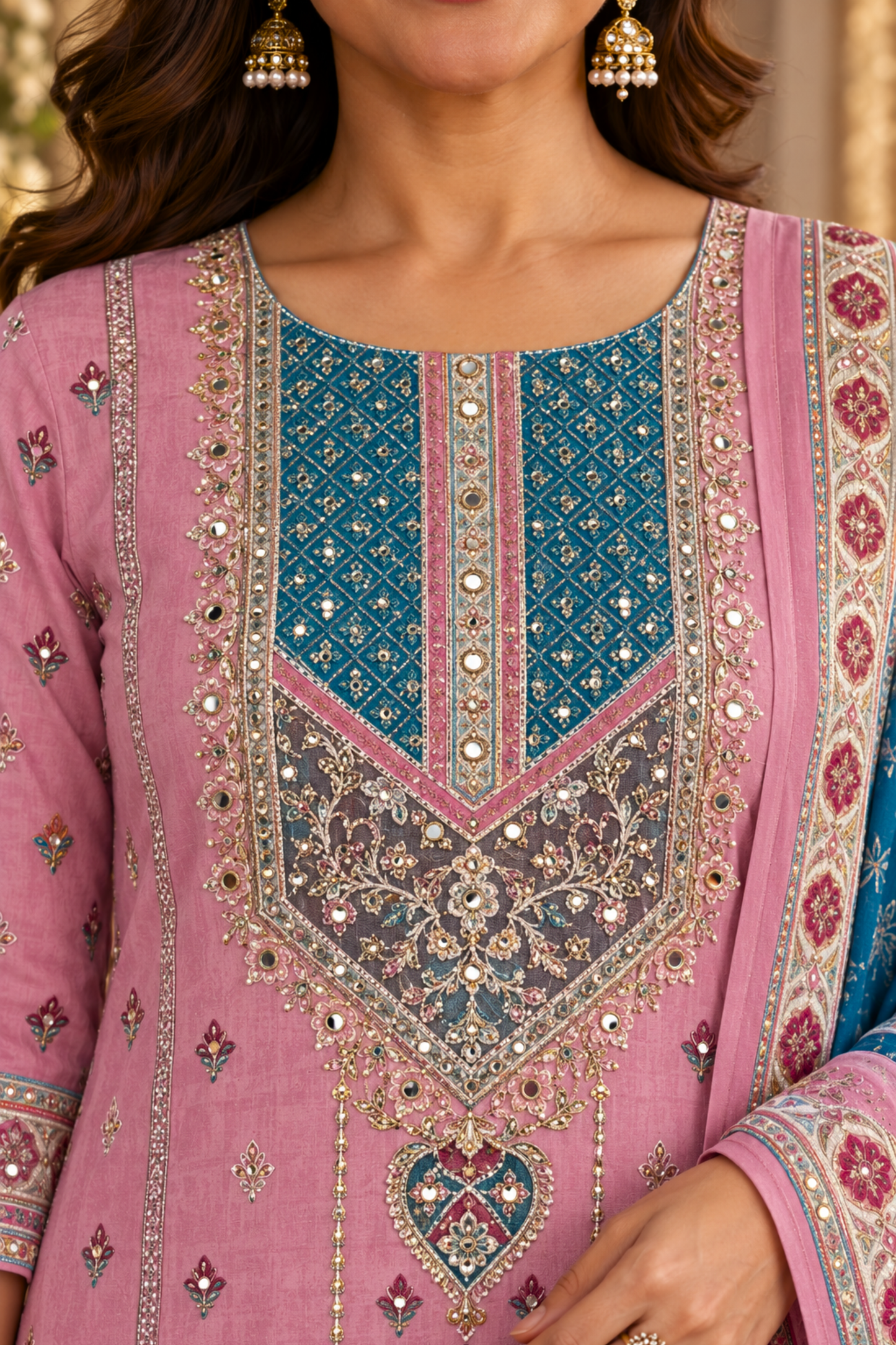 Ruhani Pink Muslin Suit with Aari Work