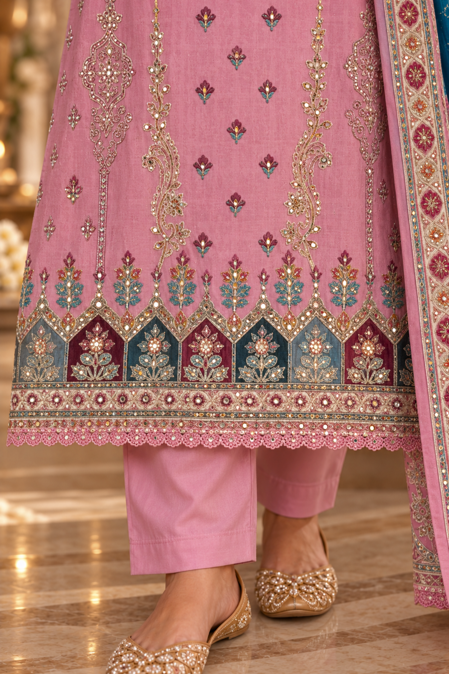 Ruhani Pink Muslin Suit with Aari Work