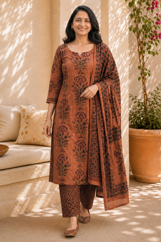 Rust Brown Bagh Cotton Suit Set