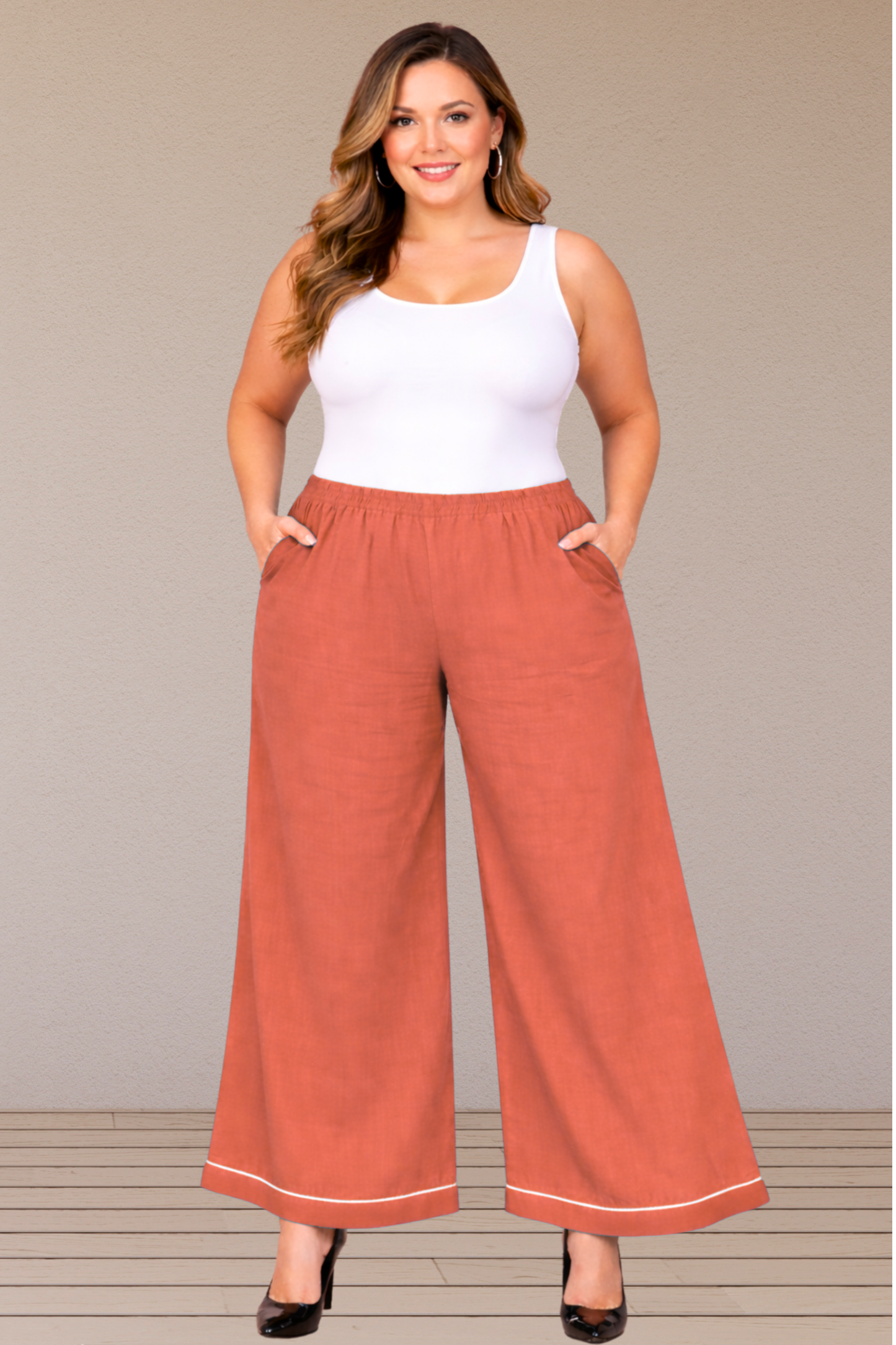 Rust Detailed Hemline Rayon Palazzo