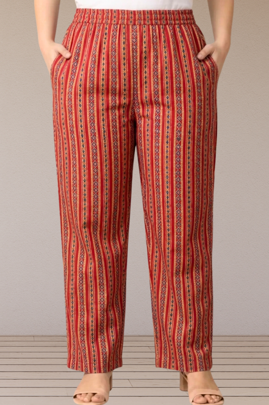 Rust Ethnic Stripe Printed Cotton Pant