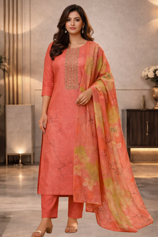 Rust Floral Muslin Suit with Tread Work