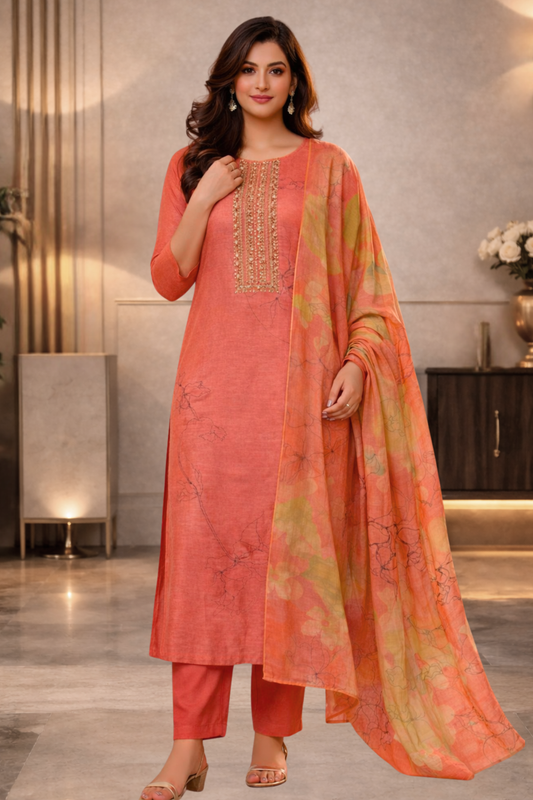 Rust Floral Muslin Suit with Tread Work