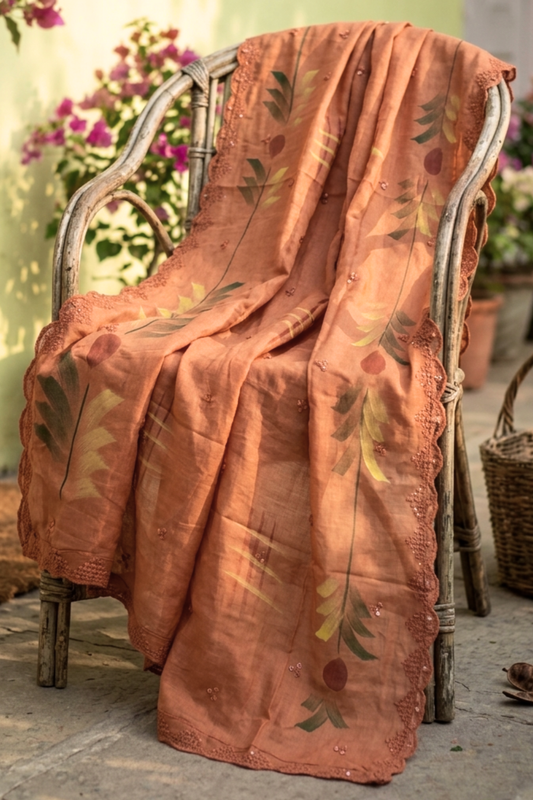 Rust Hand Painted Mul Cotton Dupatta