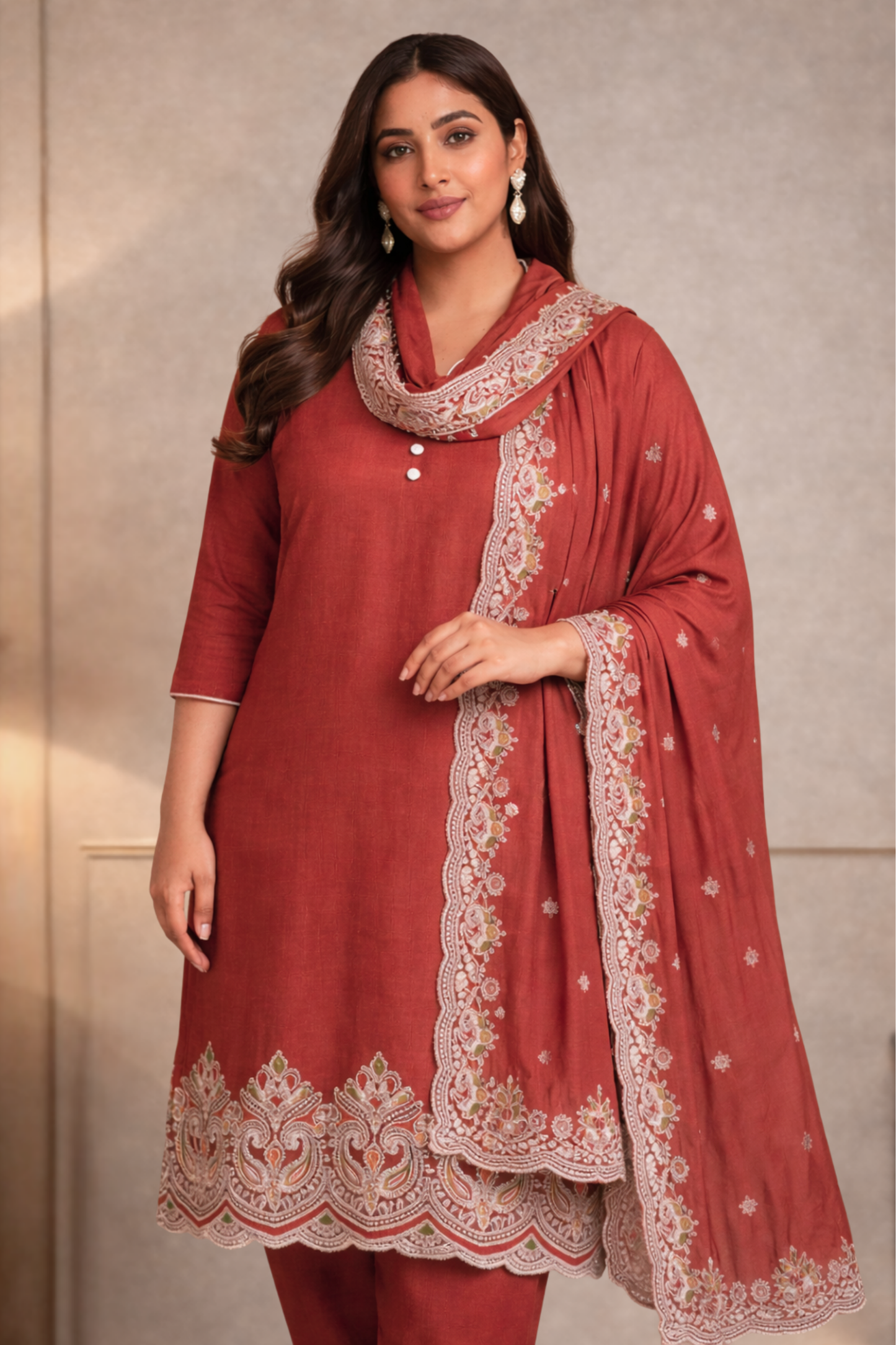 Rust Muslin Suit with Ivory Thread Work