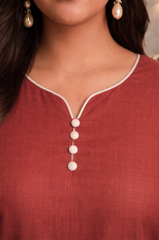 Rust Muslin Suit with Ivory Thread Work